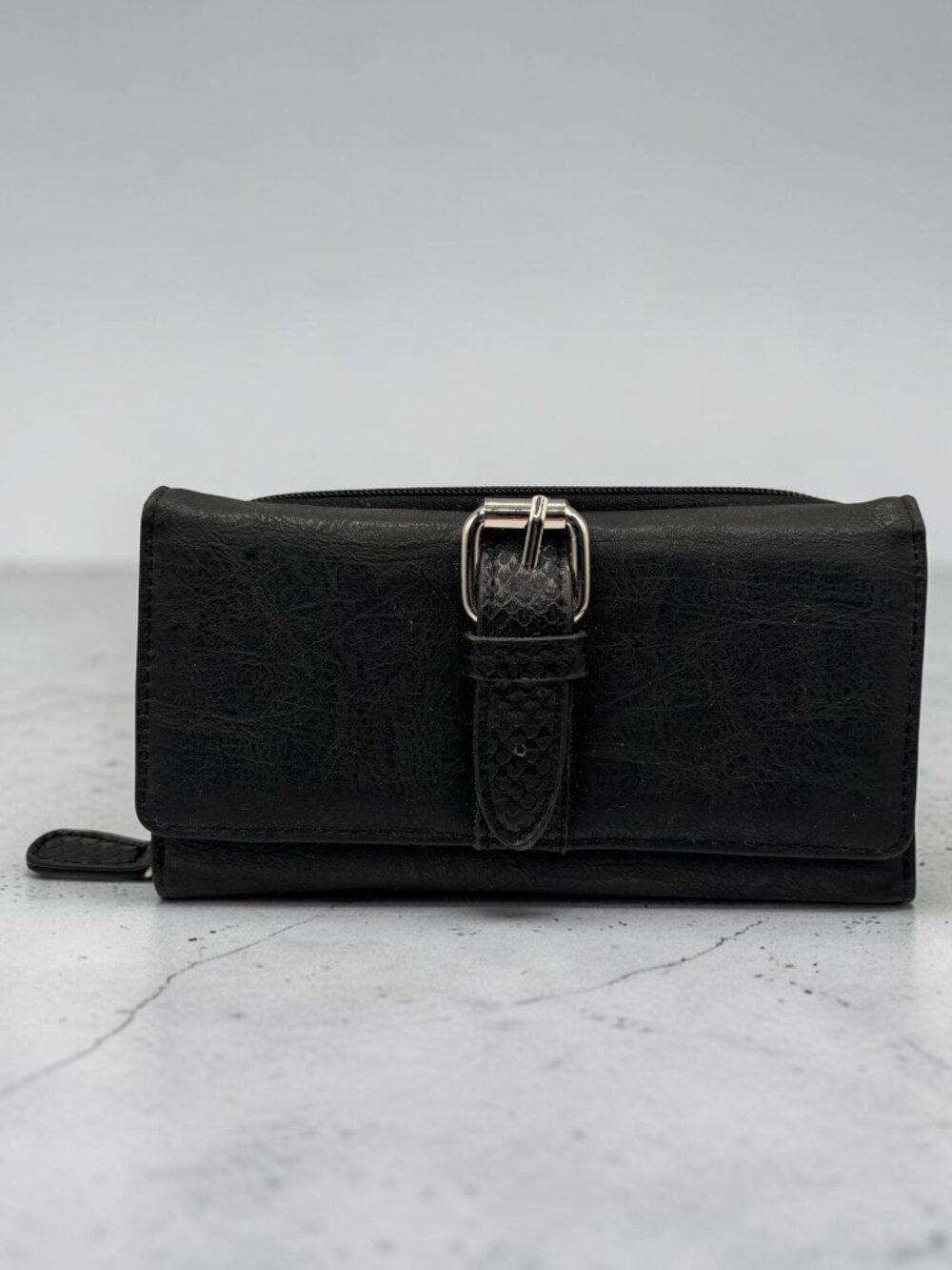 Black Faux Leather Wallet With Buckle Detail & Multiple Card Slots